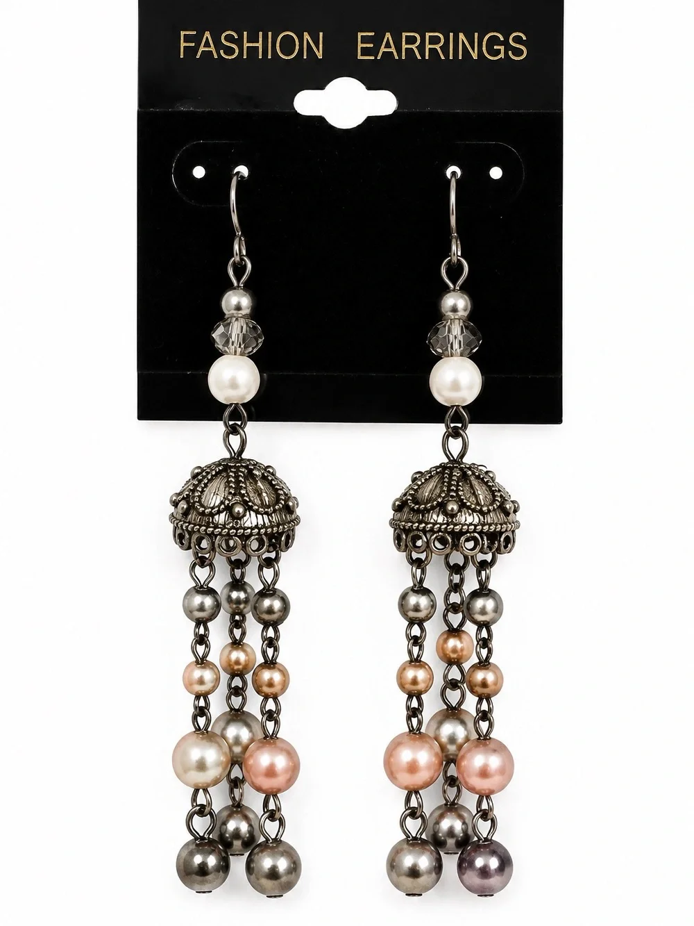 Vintage Style Gunmetal Beaded Chandelier Dangle Earrings Faux Pearl Boho Gothic